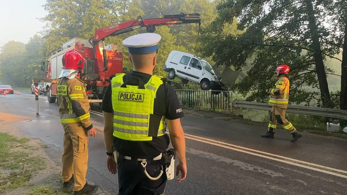 Kierowca Renault Kangoo wpadł do zbiornika wodnego, unikając zderzenia ze zwierzęciem