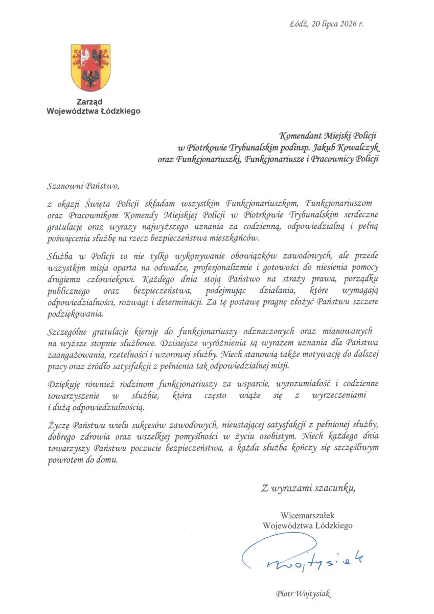 Życzenia z okazji 107. rocznicy Policji Państwowej